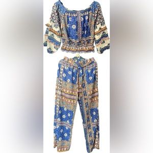 Rachel Zoe multicolored 2-piece set, 3/4 sleeve top + high-waisted pants, size M